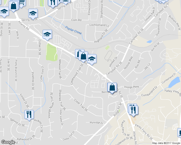 map of restaurants, bars, coffee shops, grocery stores, and more near 27 Villa Court Southeast in Smyrna