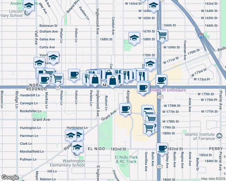 map of restaurants, bars, coffee shops, grocery stores, and more near 4641 Artesia Boulevard in Lawndale