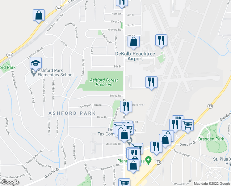 map of restaurants, bars, coffee shops, grocery stores, and more near 1910 Tobey Rd in Atlanta