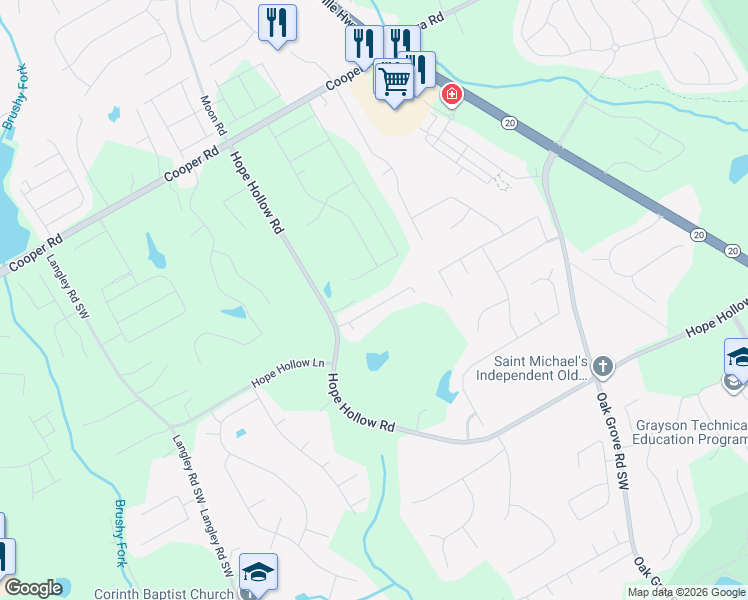 map of restaurants, bars, coffee shops, grocery stores, and more near 555 Hope Hollow Road in Loganville