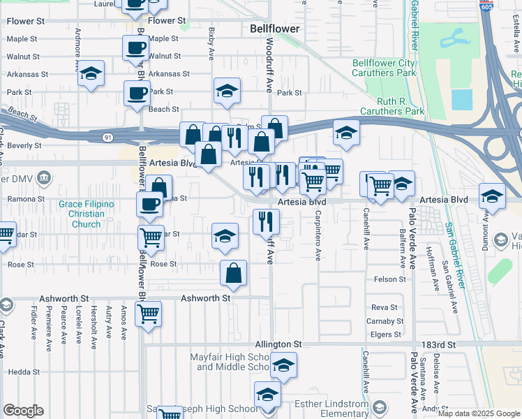 map of restaurants, bars, coffee shops, grocery stores, and more near 10135 Artesia Boulevard in Bellflower