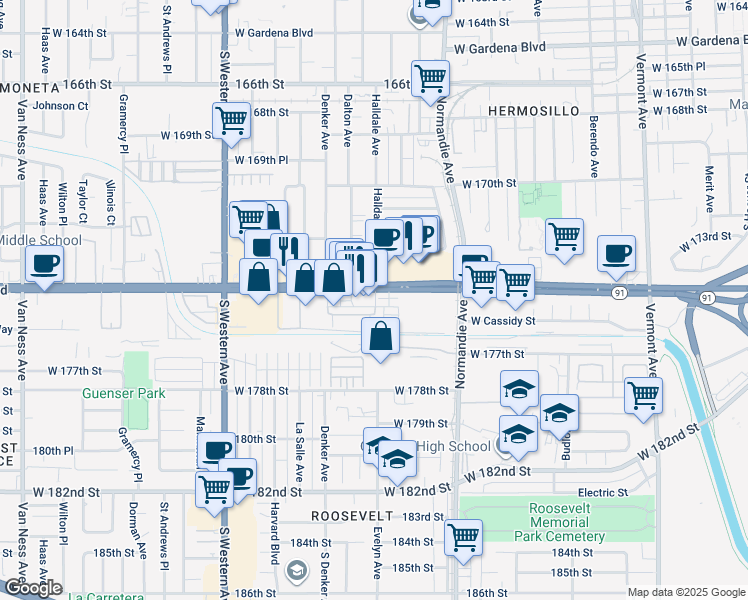 map of restaurants, bars, coffee shops, grocery stores, and more near 8 Artesia Boulevard in Gardena