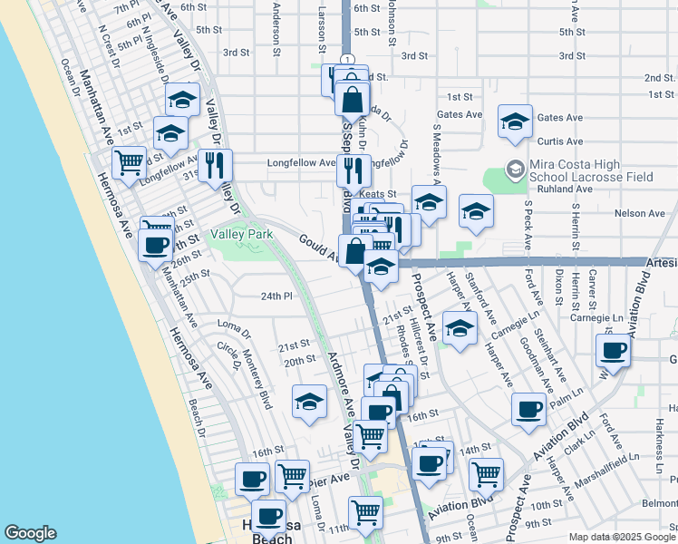map of restaurants, bars, coffee shops, grocery stores, and more near 736 Gould Avenue in Hermosa Beach