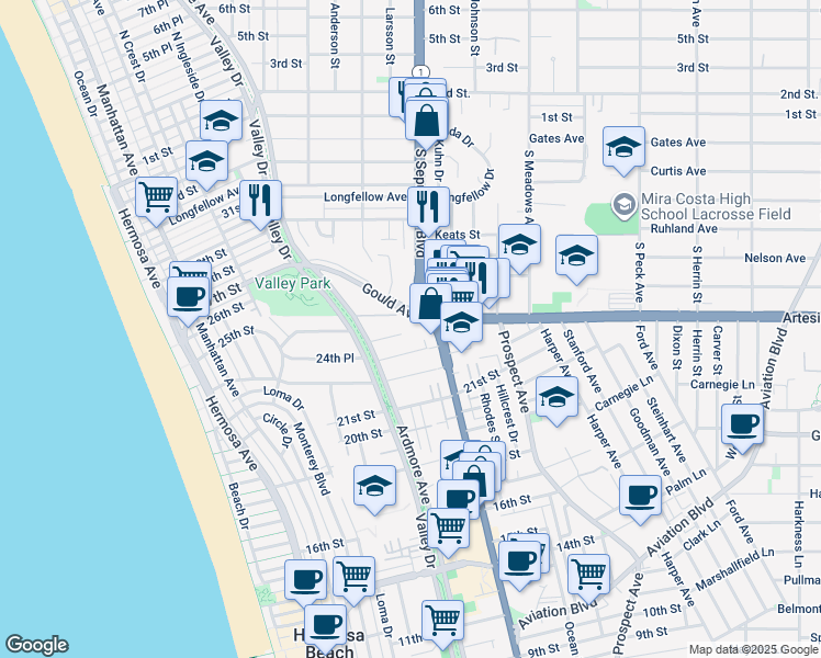 map of restaurants, bars, coffee shops, grocery stores, and more near 736 Gould Avenue in Hermosa Beach