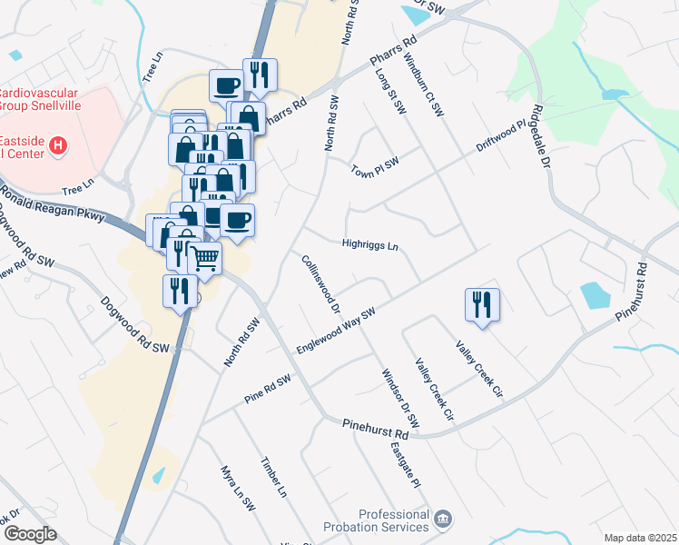 map of restaurants, bars, coffee shops, grocery stores, and more near 1985 Highriggs Lane in Snellville