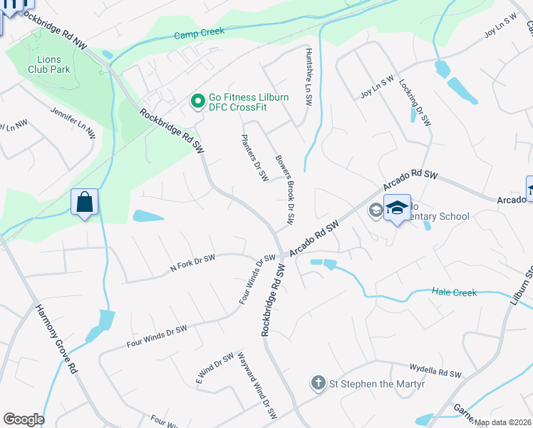 map of restaurants, bars, coffee shops, grocery stores, and more near 170 Rockbridge Road Southwest in Lilburn