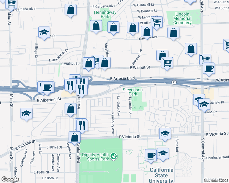 map of restaurants, bars, coffee shops, grocery stores, and more near 803 East Haxby Court in Carson