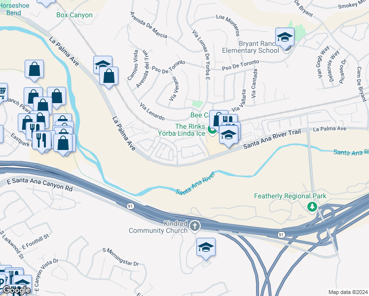 map of restaurants, bars, coffee shops, grocery stores, and more near 6204 Hartford Road in Yorba Linda