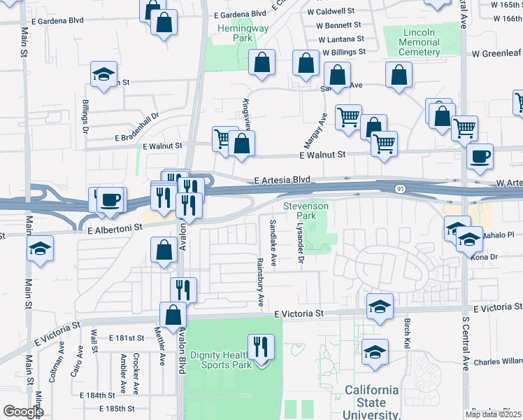 map of restaurants, bars, coffee shops, grocery stores, and more near 803 East Haxby Court in Carson