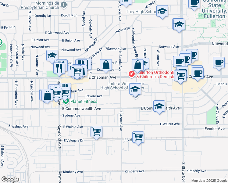 map of restaurants, bars, coffee shops, grocery stores, and more near 1610 East Wilshire Avenue in Fullerton