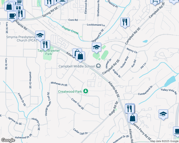 map of restaurants, bars, coffee shops, grocery stores, and more near 37 Villa Court Southeast in Smyrna