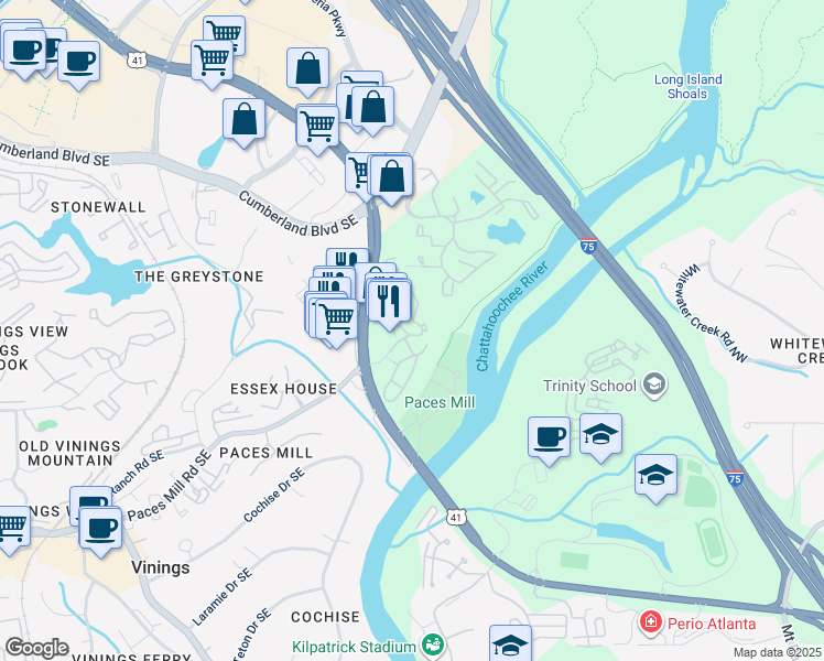 map of restaurants, bars, coffee shops, grocery stores, and more near 4545 River Parkway in Atlanta