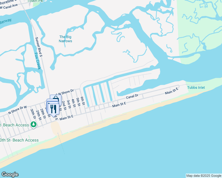 map of restaurants, bars, coffee shops, grocery stores, and more near 416 Cobia Street in Sunset Beach