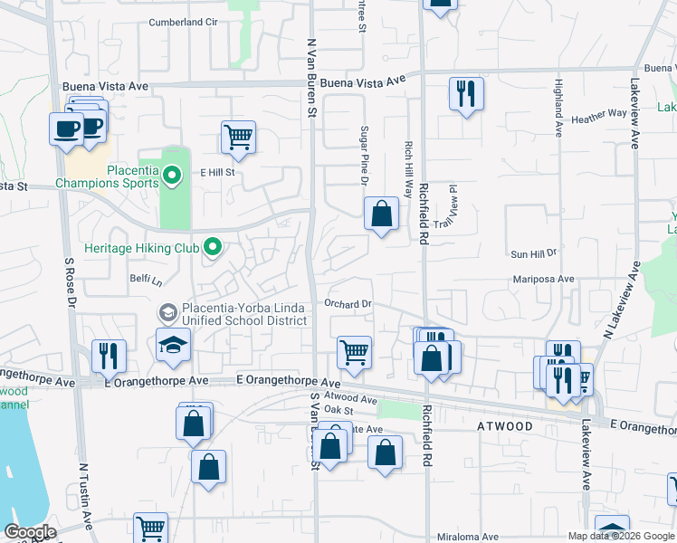 map of restaurants, bars, coffee shops, grocery stores, and more near 1757 Pierce Lane in Placentia