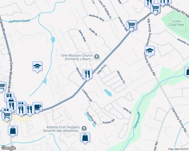 map of restaurants, bars, coffee shops, grocery stores, and more near 275 Villa Place Court in Tucker