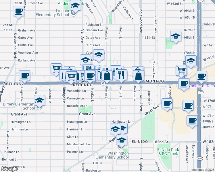 map of restaurants, bars, coffee shops, grocery stores, and more near 2423 Artesia Boulevard in Redondo Beach