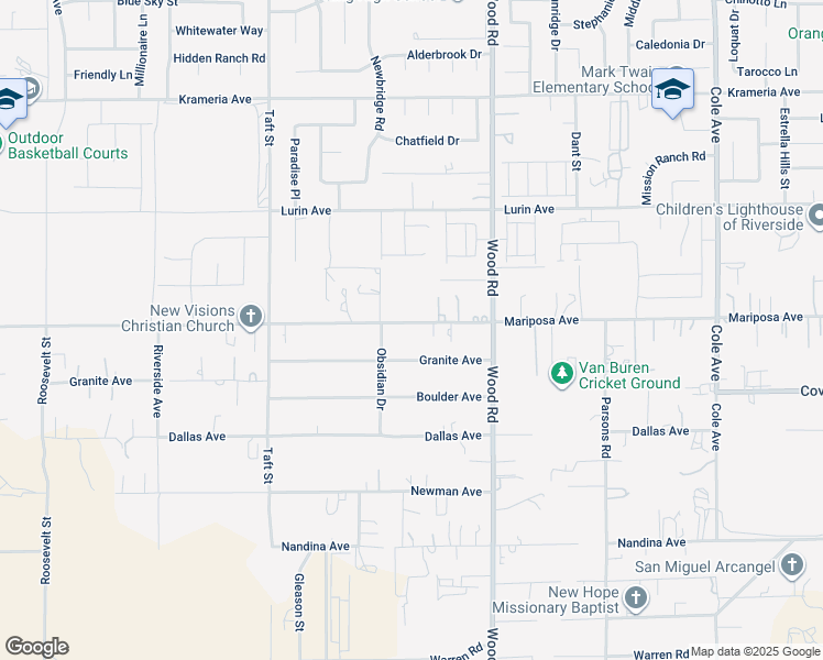 map of restaurants, bars, coffee shops, grocery stores, and more near 18825 Mariposa Avenue in Riverside