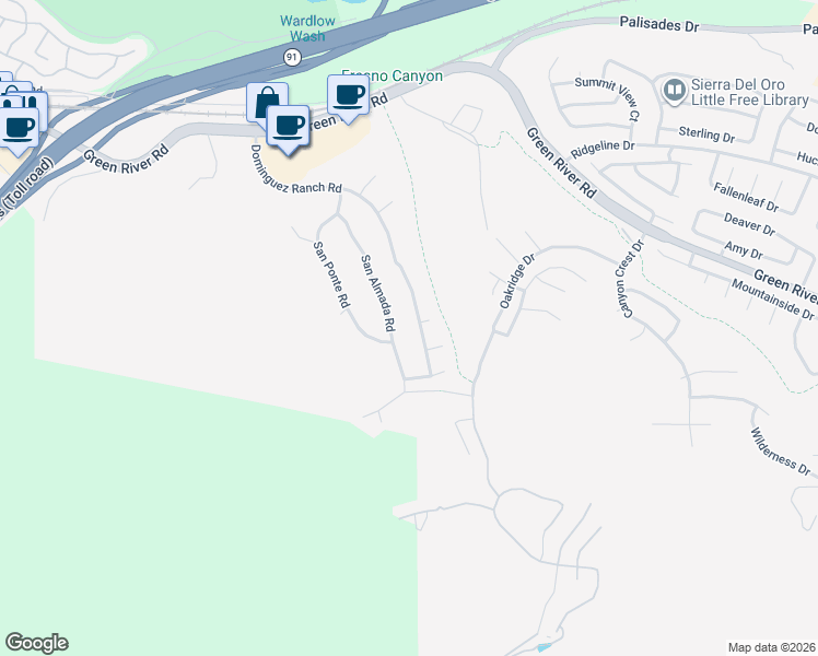 map of restaurants, bars, coffee shops, grocery stores, and more near 1581 San Almada Road in Corona