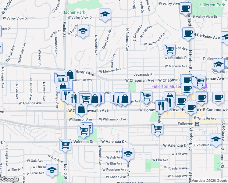 map of restaurants, bars, coffee shops, grocery stores, and more near 530 West Whiting Avenue in Fullerton