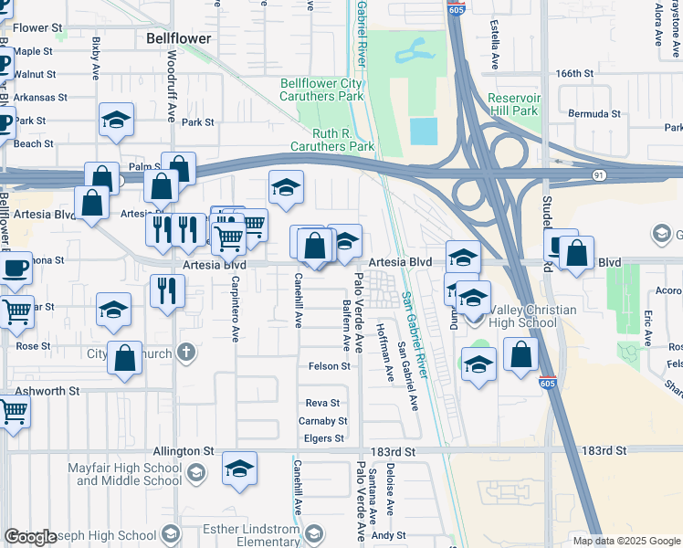 map of restaurants, bars, coffee shops, grocery stores, and more near 10511 Artesia Boulevard in Bellflower