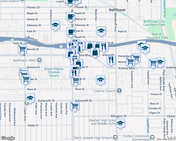 map of restaurants, bars, coffee shops, grocery stores, and more near 9933 Ramona Street in Bellflower