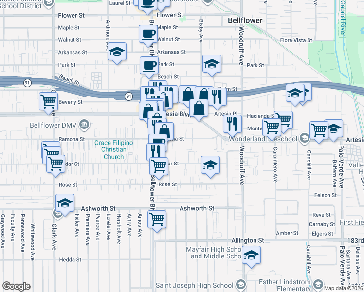 map of restaurants, bars, coffee shops, grocery stores, and more near 9933 Ramona Street in Bellflower