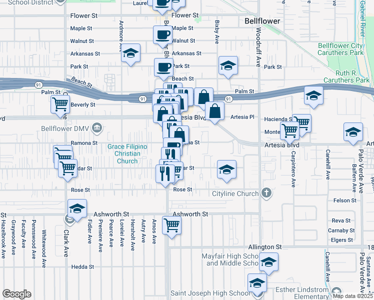 map of restaurants, bars, coffee shops, grocery stores, and more near 9852 Ramona Street in Bellflower