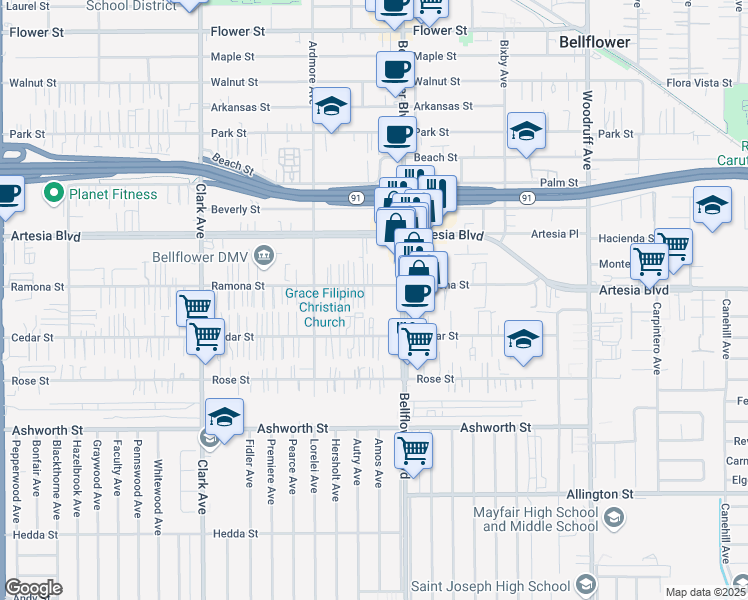 map of restaurants, bars, coffee shops, grocery stores, and more near 9730 Ramona Street in Bellflower