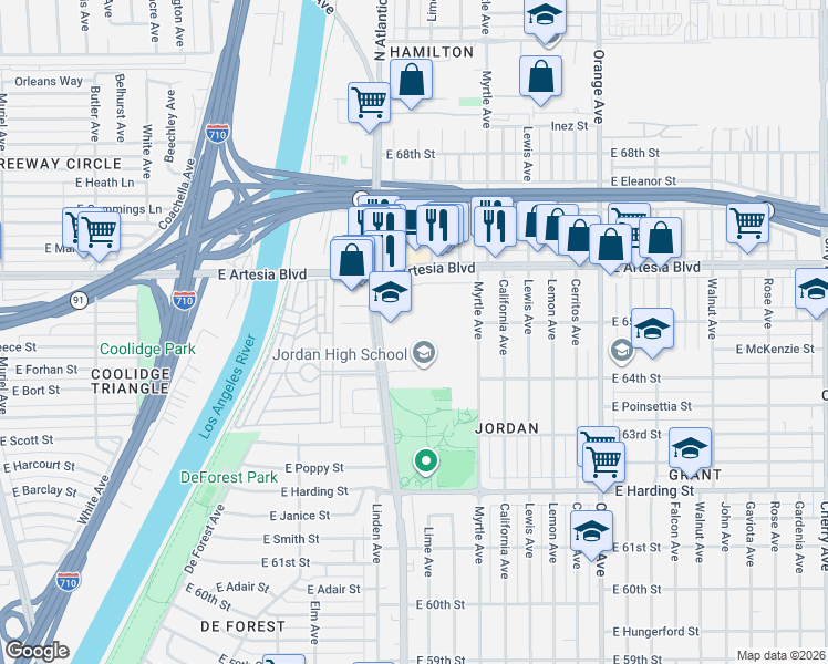 map of restaurants, bars, coffee shops, grocery stores, and more near 700 Atlantic Avenue in Long Beach