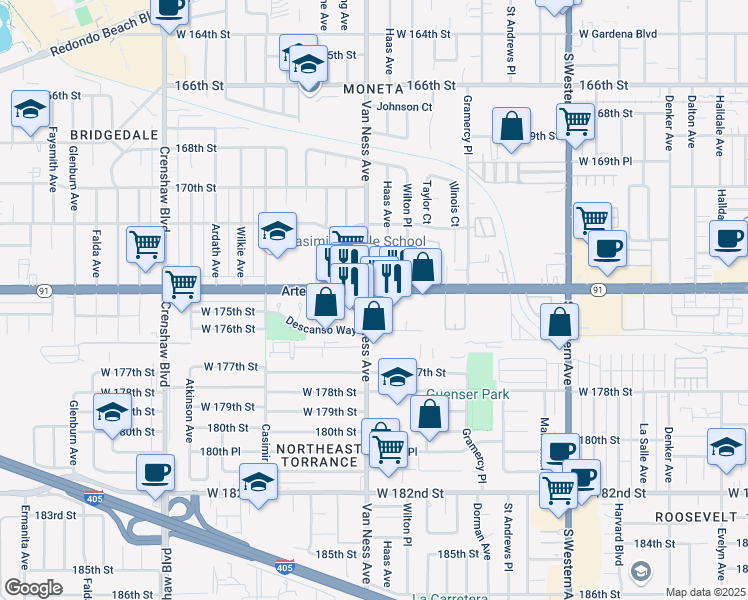 map of restaurants, bars, coffee shops, grocery stores, and more near 17326 Haas Avenue in Torrance