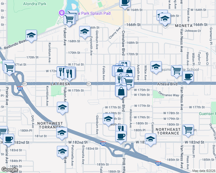 map of restaurants, bars, coffee shops, grocery stores, and more near 17326 Falda Avenue in Torrance