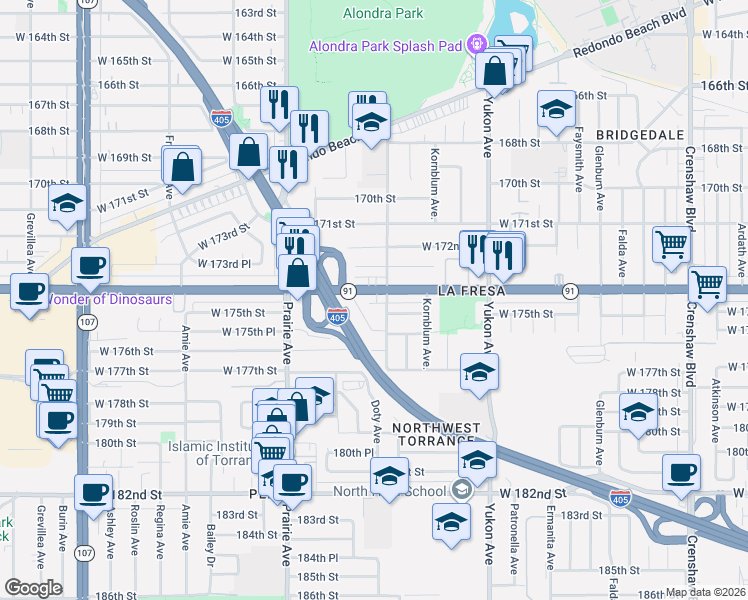 map of restaurants, bars, coffee shops, grocery stores, and more near 3775 Artesia Boulevard in Torrance