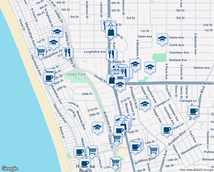 map of restaurants, bars, coffee shops, grocery stores, and more near 2601 Pacific Coast Highway in Hermosa Beach