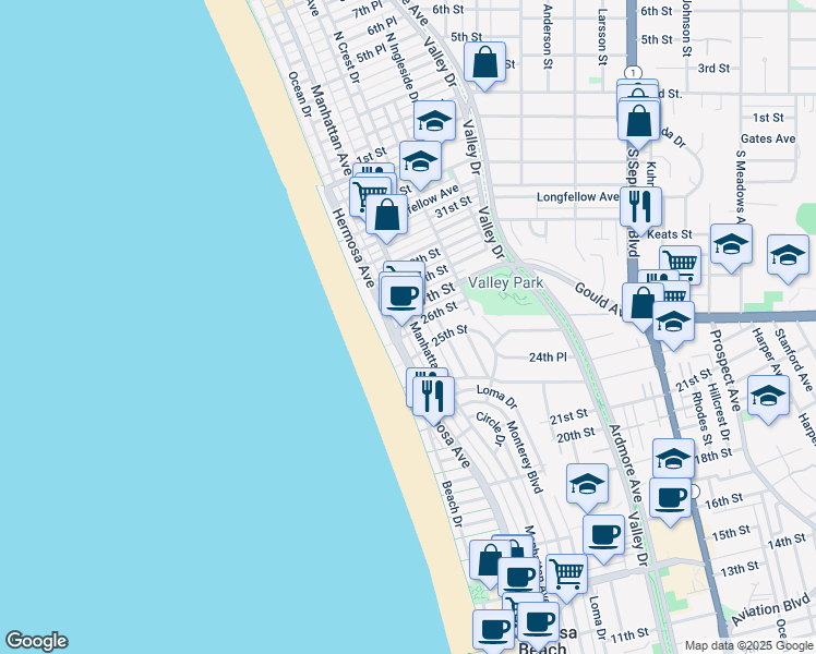 map of restaurants, bars, coffee shops, grocery stores, and more near 2704 Hermosa Avenue in Hermosa Beach