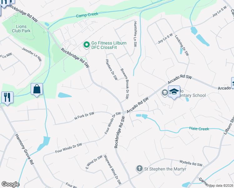 map of restaurants, bars, coffee shops, grocery stores, and more near 170 Rockbridge Road Southwest in Lilburn