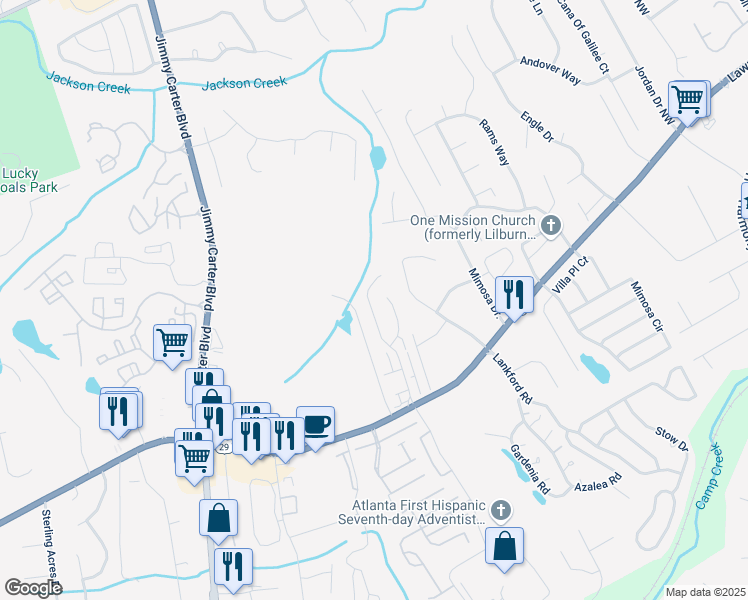 map of restaurants, bars, coffee shops, grocery stores, and more near 345 Braxton Place in Tucker