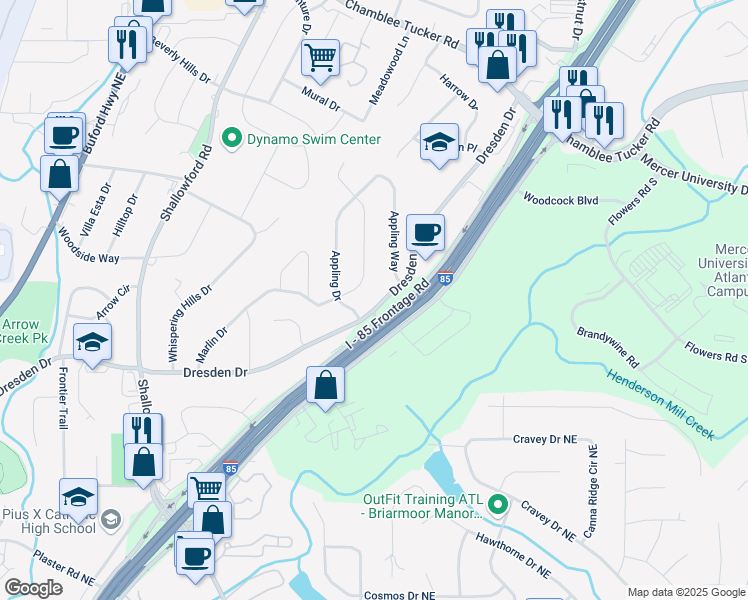 map of restaurants, bars, coffee shops, grocery stores, and more near 2762 Dresden Drive Northeast in Atlanta