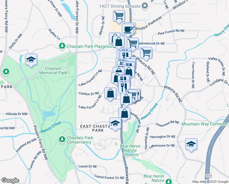 map of restaurants, bars, coffee shops, grocery stores, and more near 220 Lake Forrest Lane Northeast in Atlanta