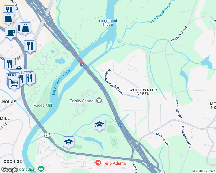 map of restaurants, bars, coffee shops, grocery stores, and more near 4070 Whitewater Creek Road Northwest in Atlanta