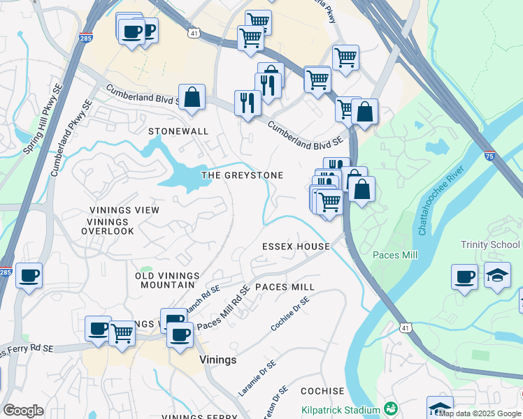 map of restaurants, bars, coffee shops, grocery stores, and more near 3311 Stillhouse Road Southeast in Atlanta
