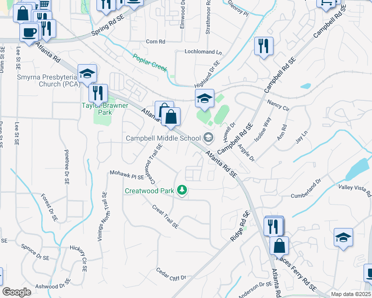 map of restaurants, bars, coffee shops, grocery stores, and more near 37 Villa Court Southeast in Smyrna