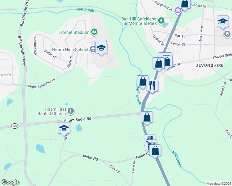 map of restaurants, bars, coffee shops, grocery stores, and more near 131 Greys Mill Drive in Hiram