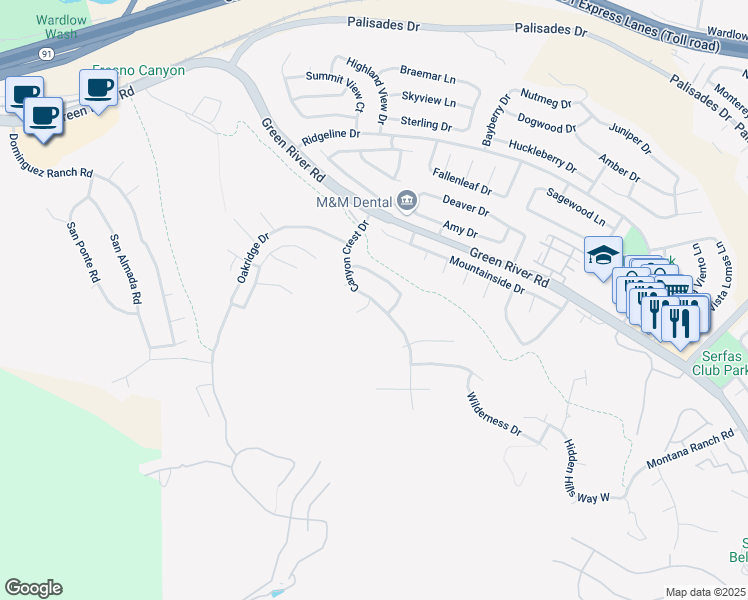 map of restaurants, bars, coffee shops, grocery stores, and more near Canyon Crest Drive in Corona