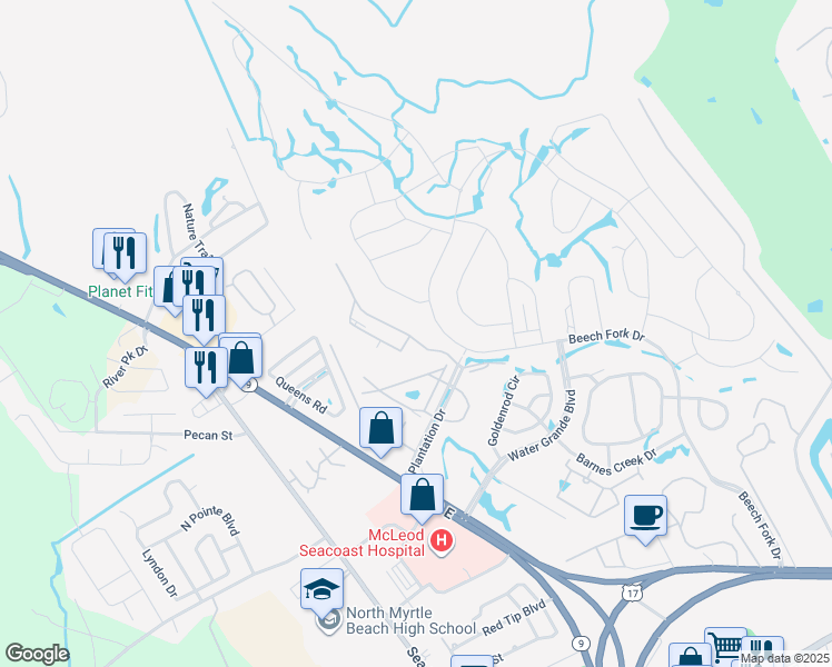 map of restaurants, bars, coffee shops, grocery stores, and more near 2111 Plantation Drive in Little River