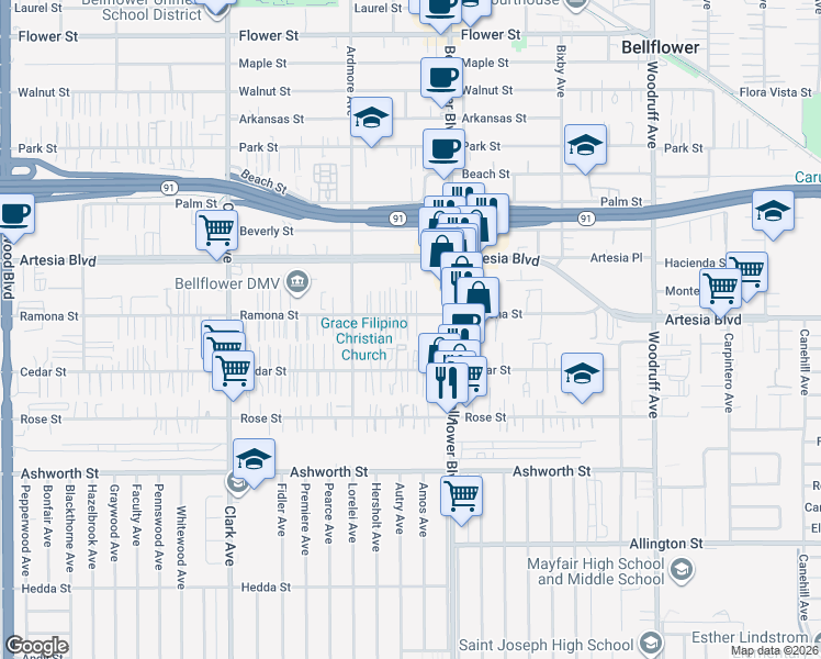 map of restaurants, bars, coffee shops, grocery stores, and more near 9730 Ramona Street in Bellflower