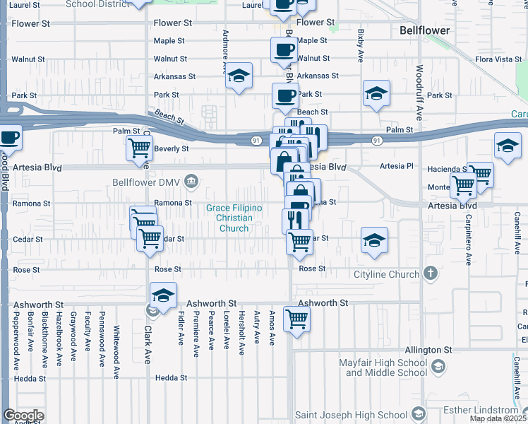 map of restaurants, bars, coffee shops, grocery stores, and more near 9714 Ramona Street in Bellflower