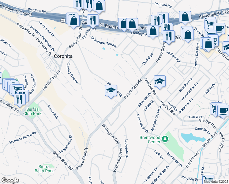 map of restaurants, bars, coffee shops, grocery stores, and more near 1950 Pine Crest Drive in Corona