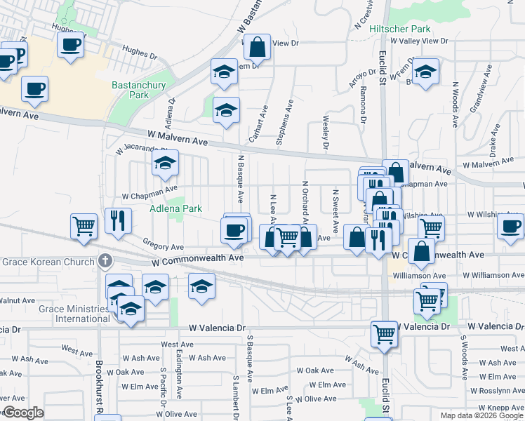 map of restaurants, bars, coffee shops, grocery stores, and more near 300 North Wayne Avenue in Fullerton