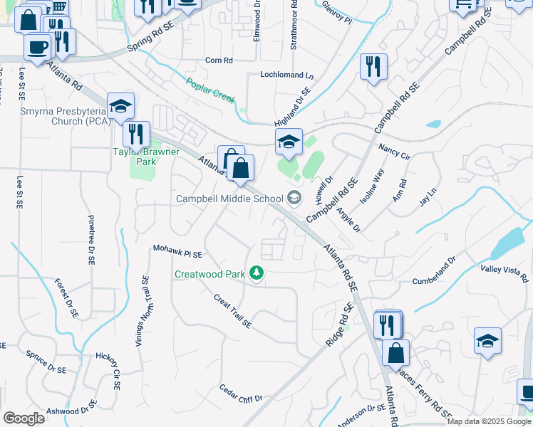 map of restaurants, bars, coffee shops, grocery stores, and more near 7 Villa Court Southeast in Smyrna