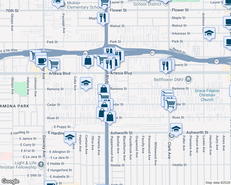 map of restaurants, bars, coffee shops, grocery stores, and more near 9042 Ramona Street in Bellflower
